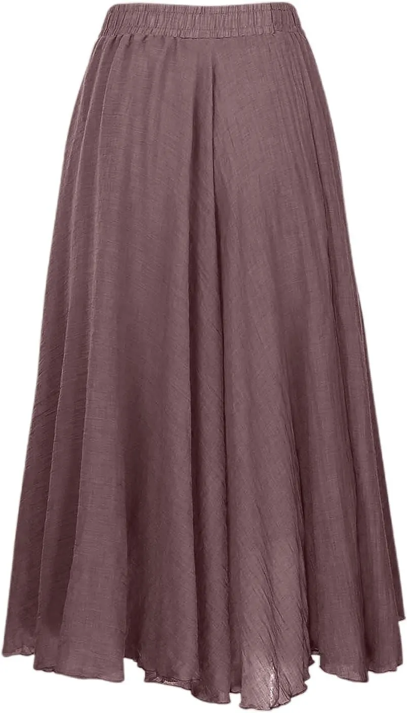 A Line Skirt for Women Trendy Flared High Elastic Waist Solid Loose Pleated Summer Long Skirts for Vacation Streetwear