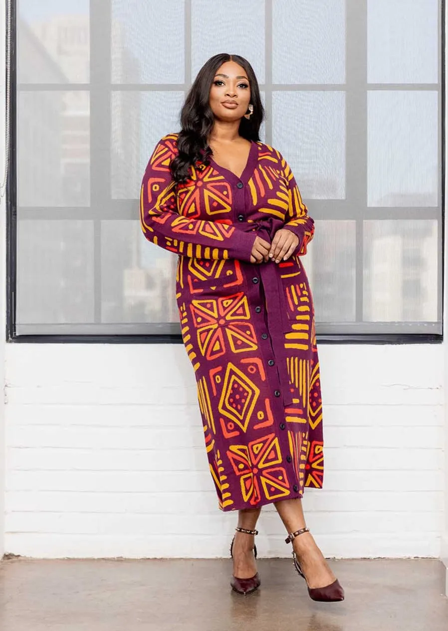 Aisha Women's African Print Cardigan (Plum Gold Tribal)