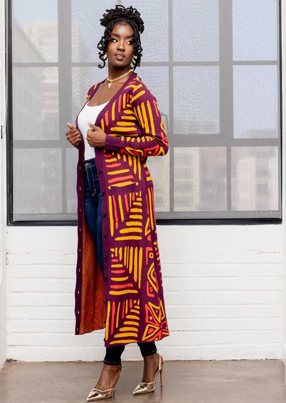 Aisha Women's African Print Cardigan (Plum Gold Tribal)
