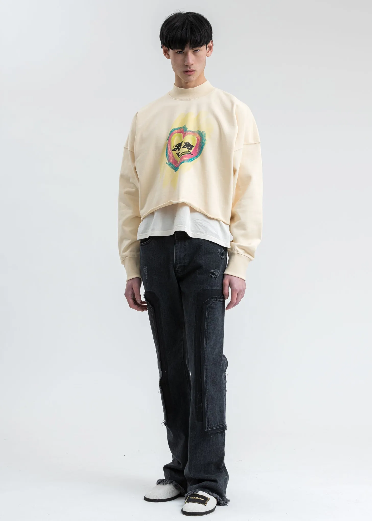 Beige Smiley Raw Edge Sweatshirt