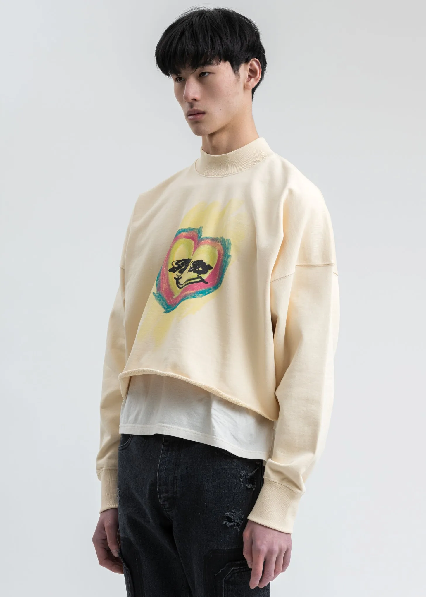 Beige Smiley Raw Edge Sweatshirt