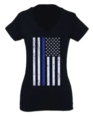 Big Flag USA American Police Support Blue Lives Matter Thin Line For Women V neck fitted T Shirt