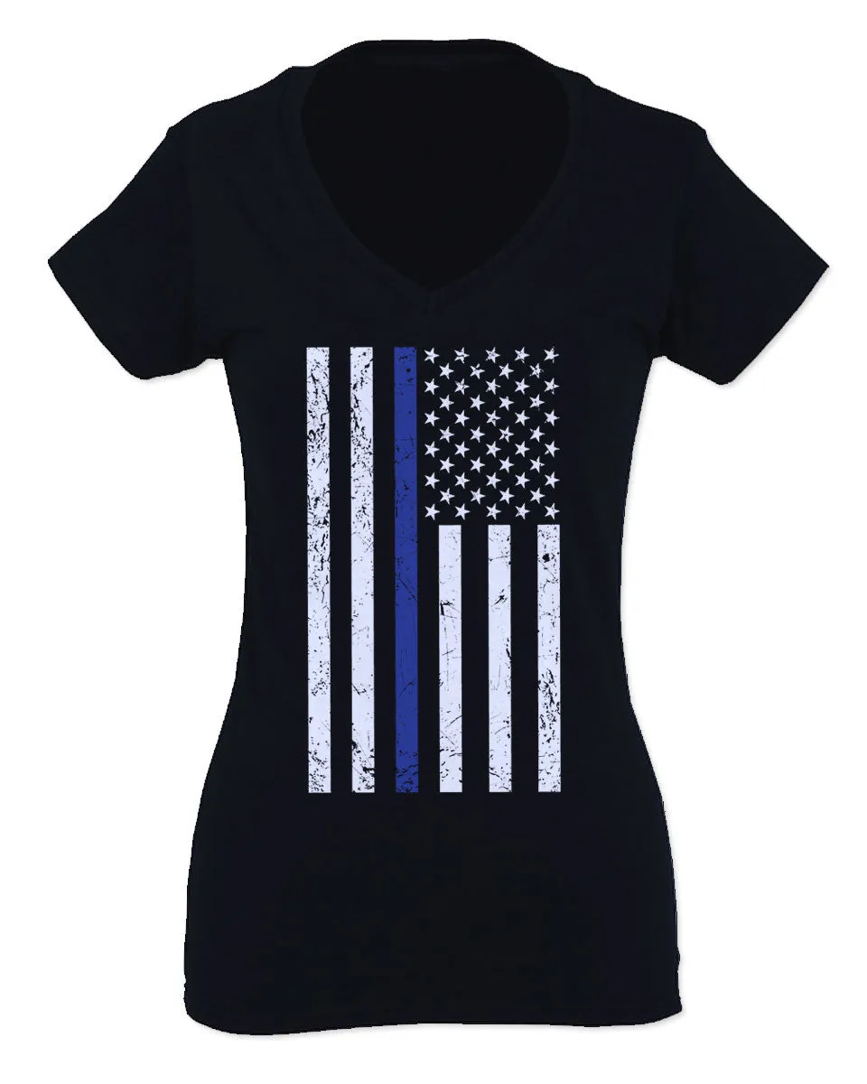 Big Flag USA American Police Support Blue Lives Matter Thin Line For Women V neck fitted T Shirt