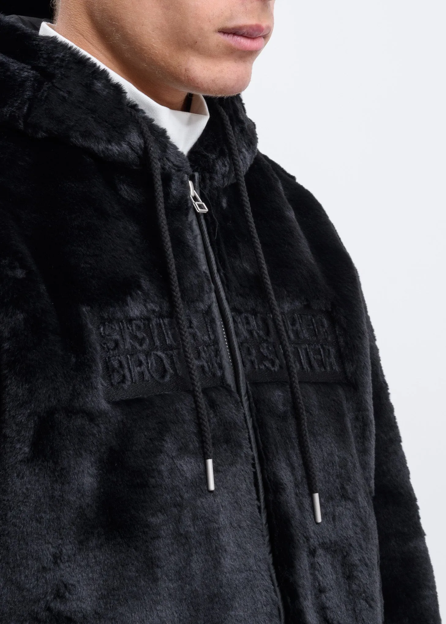 Black Faux Fur Zip-Up Embroidered Hoodie