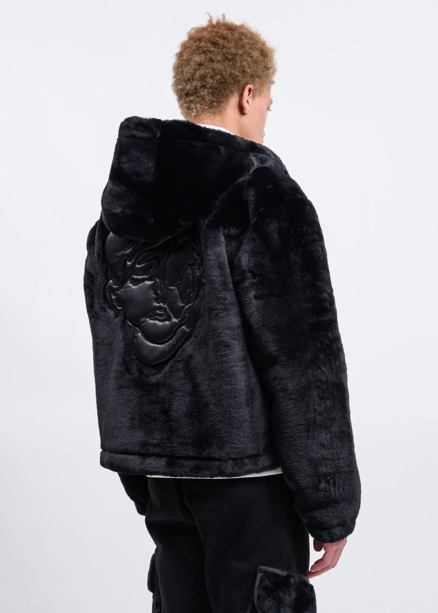 Black Faux Fur Zip-Up Embroidered Hoodie