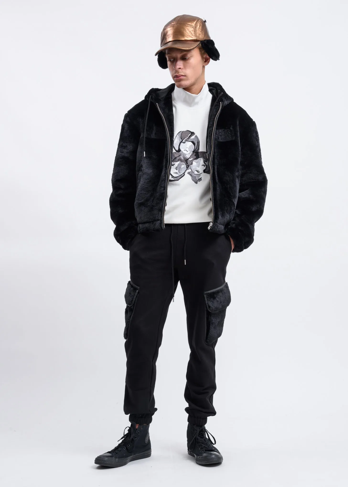 Black Faux Fur Zip-Up Embroidered Hoodie