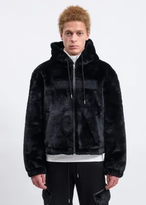 Black Faux Fur Zip-Up Embroidered Hoodie
