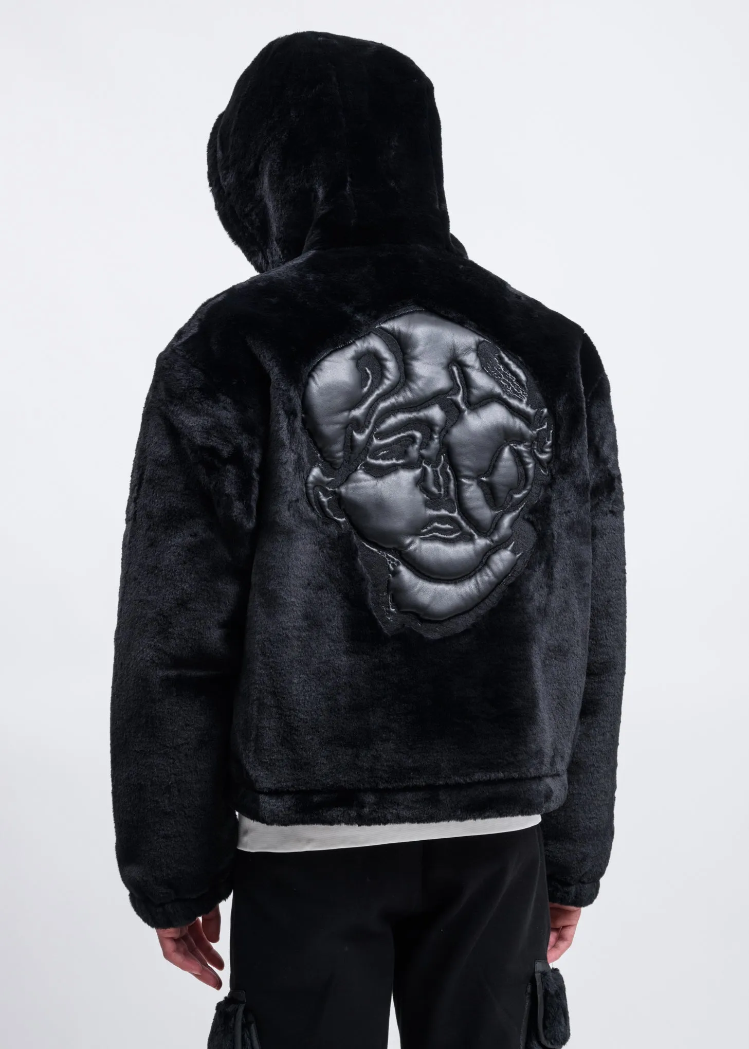 Black Faux Fur Zip-Up Embroidered Hoodie