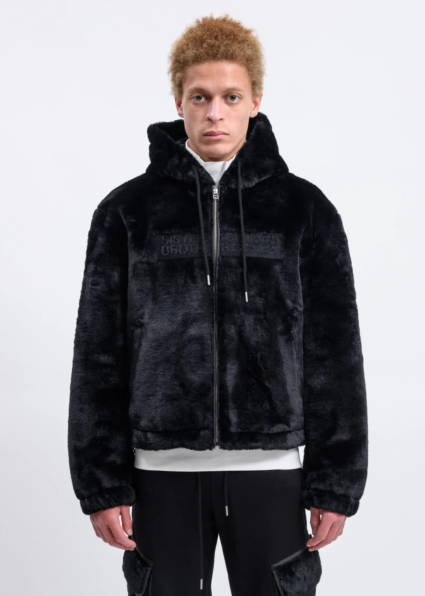 Black Faux Fur Zip-Up Embroidered Hoodie