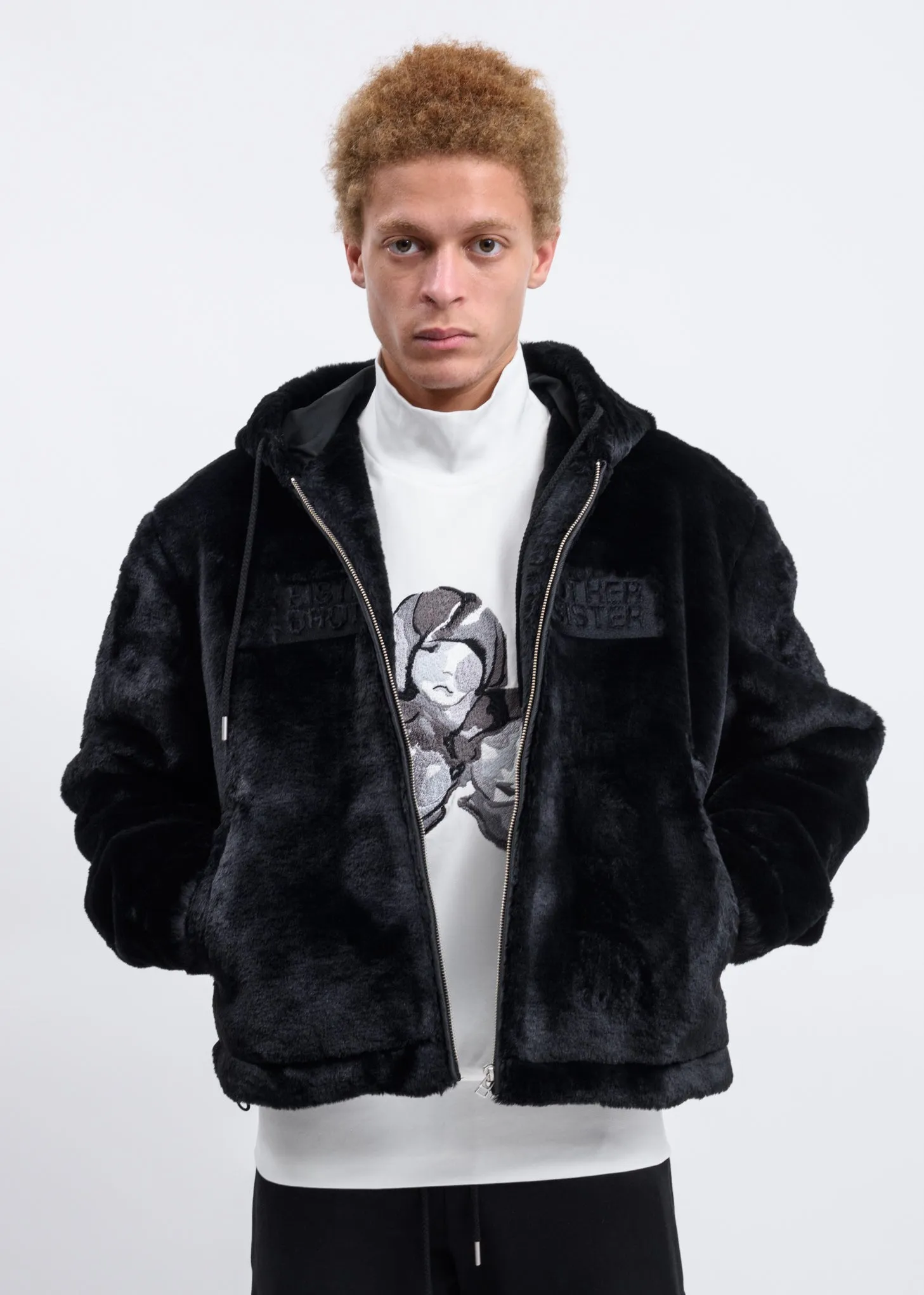 Black Faux Fur Zip-Up Embroidered Hoodie