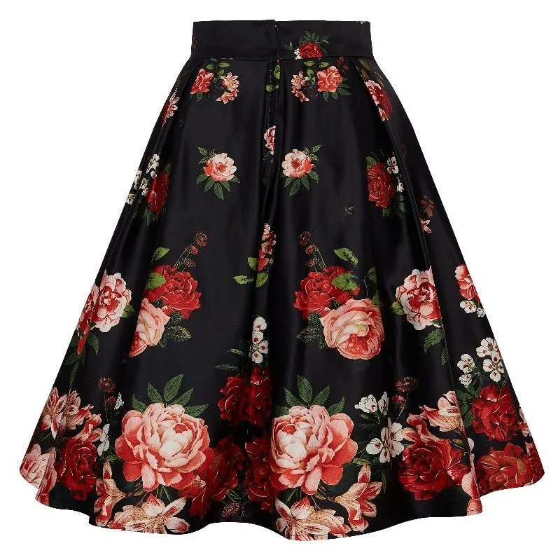 Carolyn Box Pleat Skirt In Black with Raising Red Roses