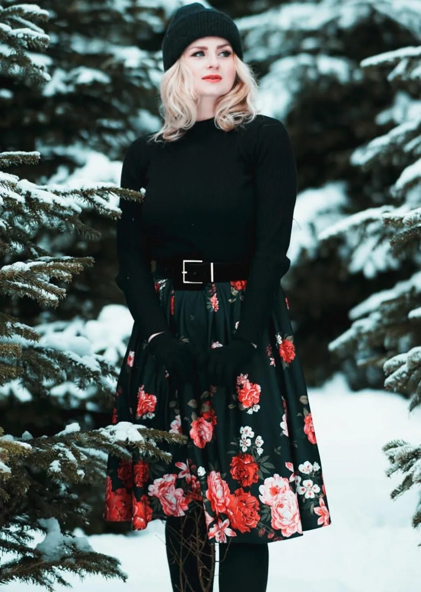 Carolyn Box Pleat Skirt In Black with Raising Red Roses