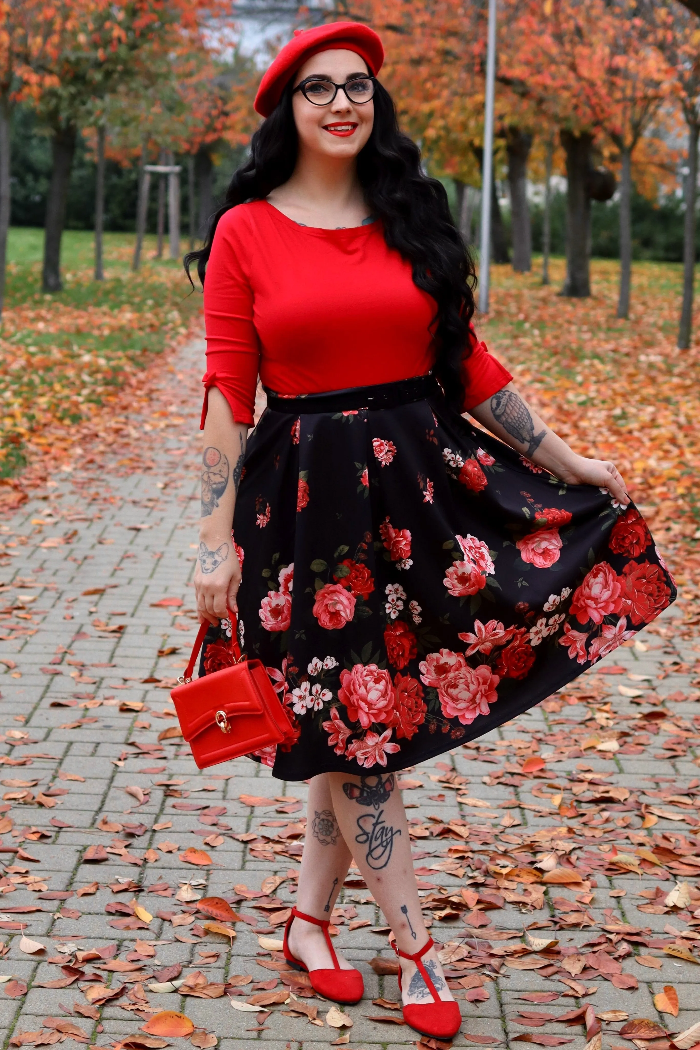 Carolyn Box Pleat Skirt In Black with Raising Red Roses
