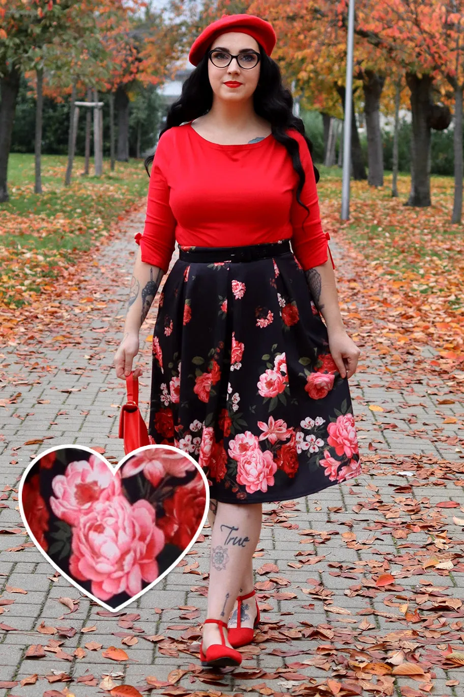 Carolyn Box Pleat Skirt In Black with Raising Red Roses