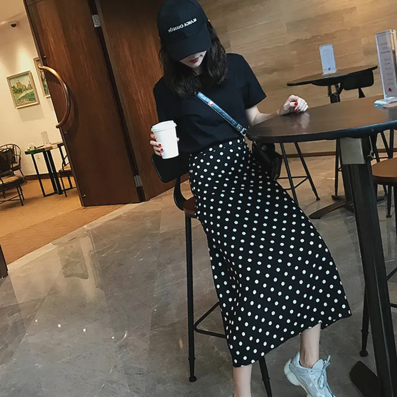 Celebrity High Waist Poker Dot Women Mid-Length Korean Slim-Look A-Line Skirt