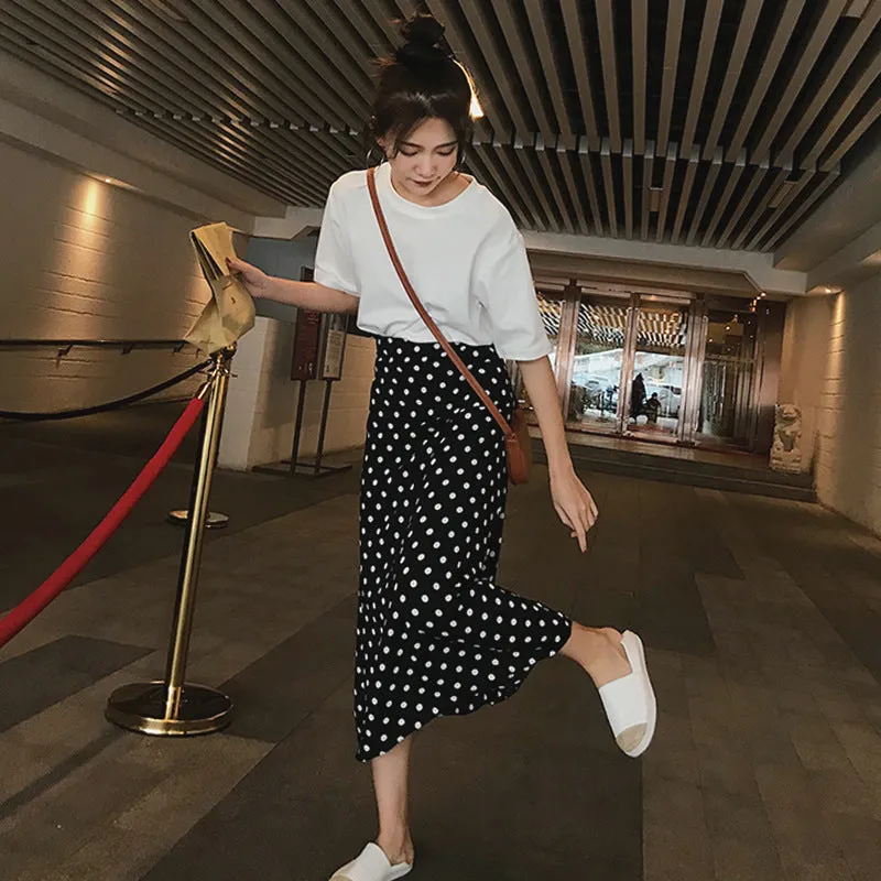 Celebrity High Waist Poker Dot Women Mid-Length Korean Slim-Look A-Line Skirt