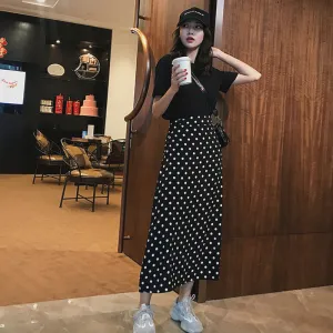 Celebrity High Waist Poker Dot Women Mid-Length Korean Slim-Look A-Line Skirt