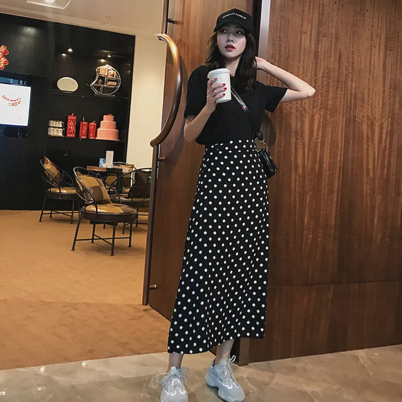 Celebrity High Waist Poker Dot Women Mid-Length Korean Slim-Look A-Line Skirt
