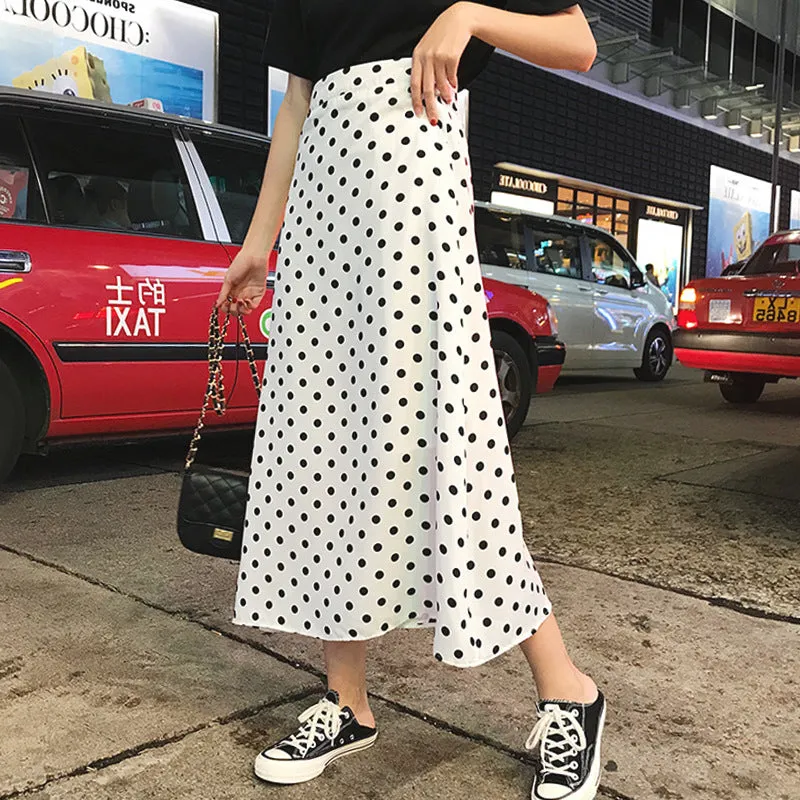 Celebrity High Waist Poker Dot Women Mid-Length Korean Slim-Look A-Line Skirt