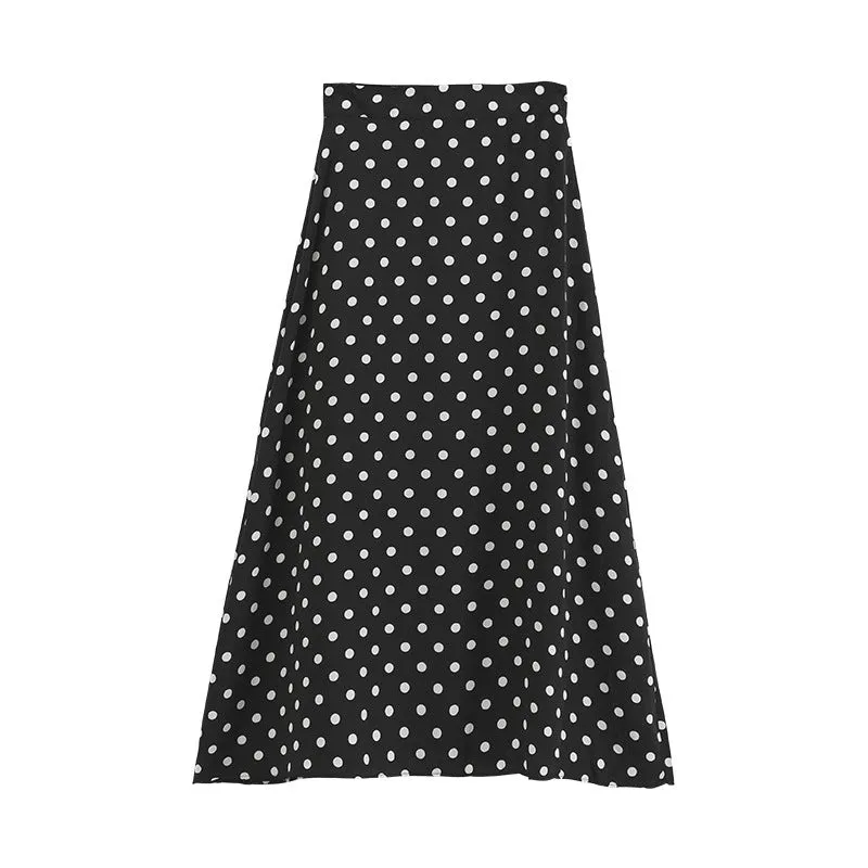 Celebrity High Waist Poker Dot Women Mid-Length Korean Slim-Look A-Line Skirt