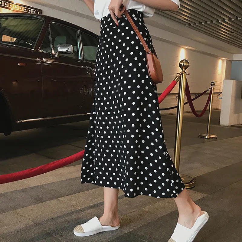 Celebrity High Waist Poker Dot Women Mid-Length Korean Slim-Look A-Line Skirt