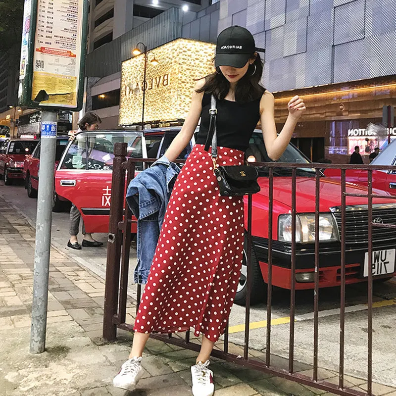 Celebrity High Waist Poker Dot Women Mid-Length Korean Slim-Look A-Line Skirt