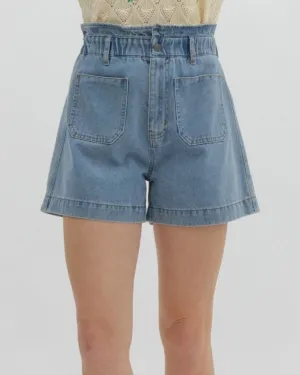 Denim Shorts with Elastic Waistband - Light Blue