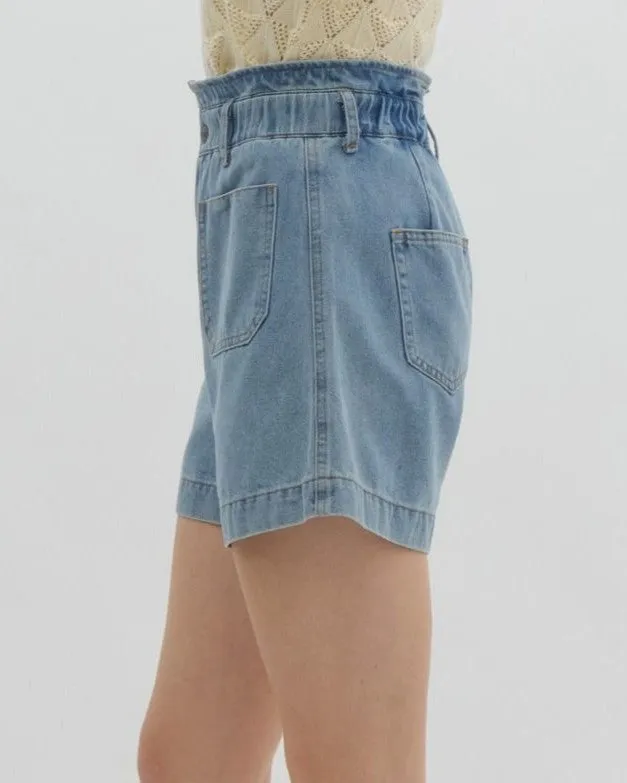 Denim Shorts with Elastic Waistband - Light Blue
