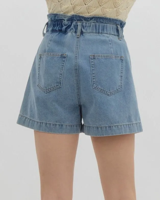 Denim Shorts with Elastic Waistband - Light Blue