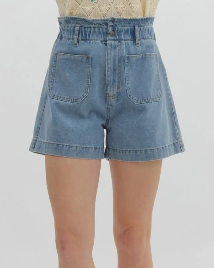 Denim Shorts with Elastic Waistband - Light Blue
