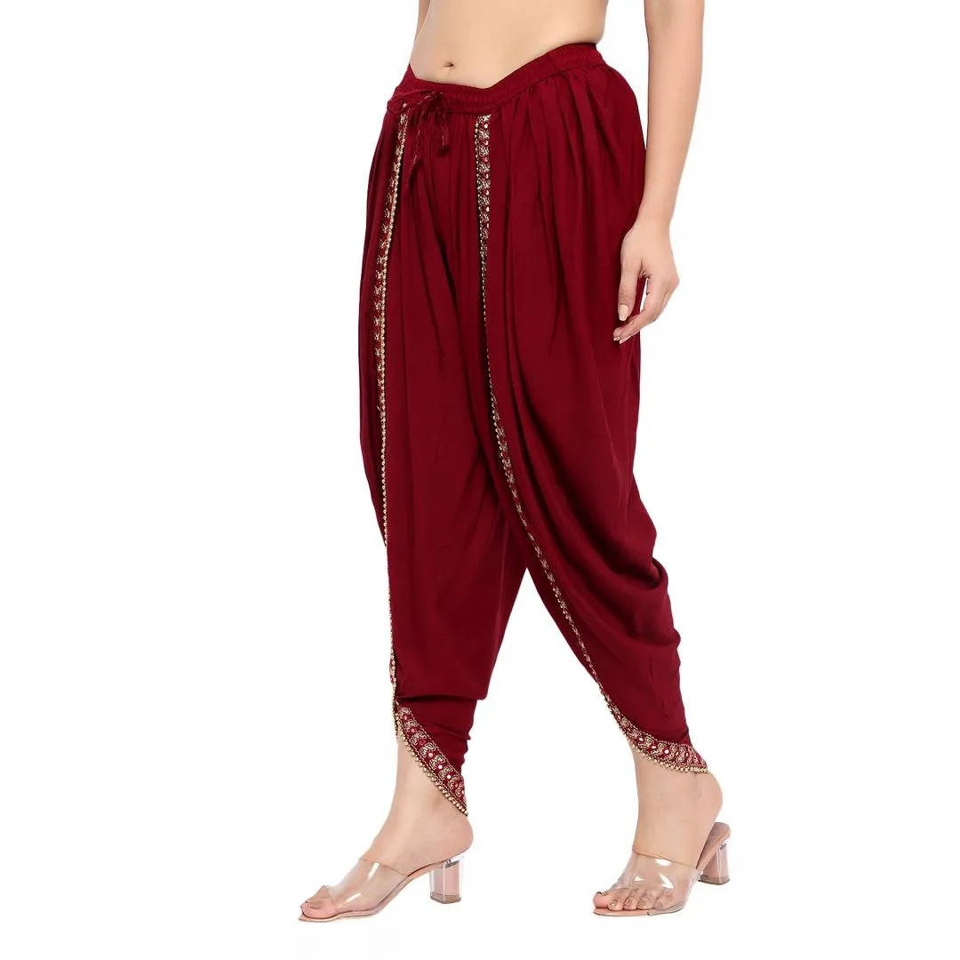 Elegant Maroon Rayon Embroidered Dhoti Salwar For Women
