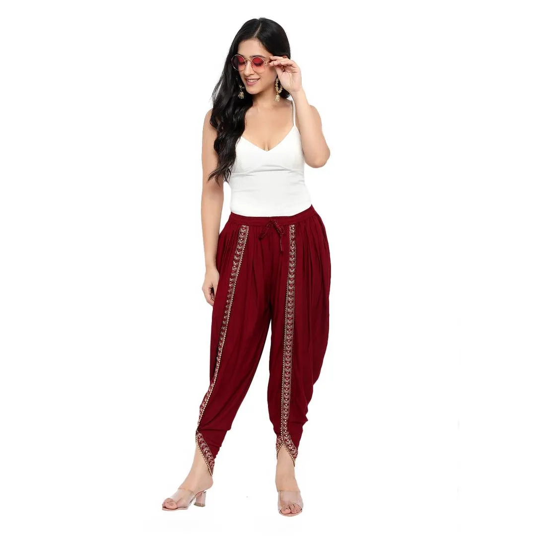 Elegant Maroon Rayon Embroidered Dhoti Salwar For Women