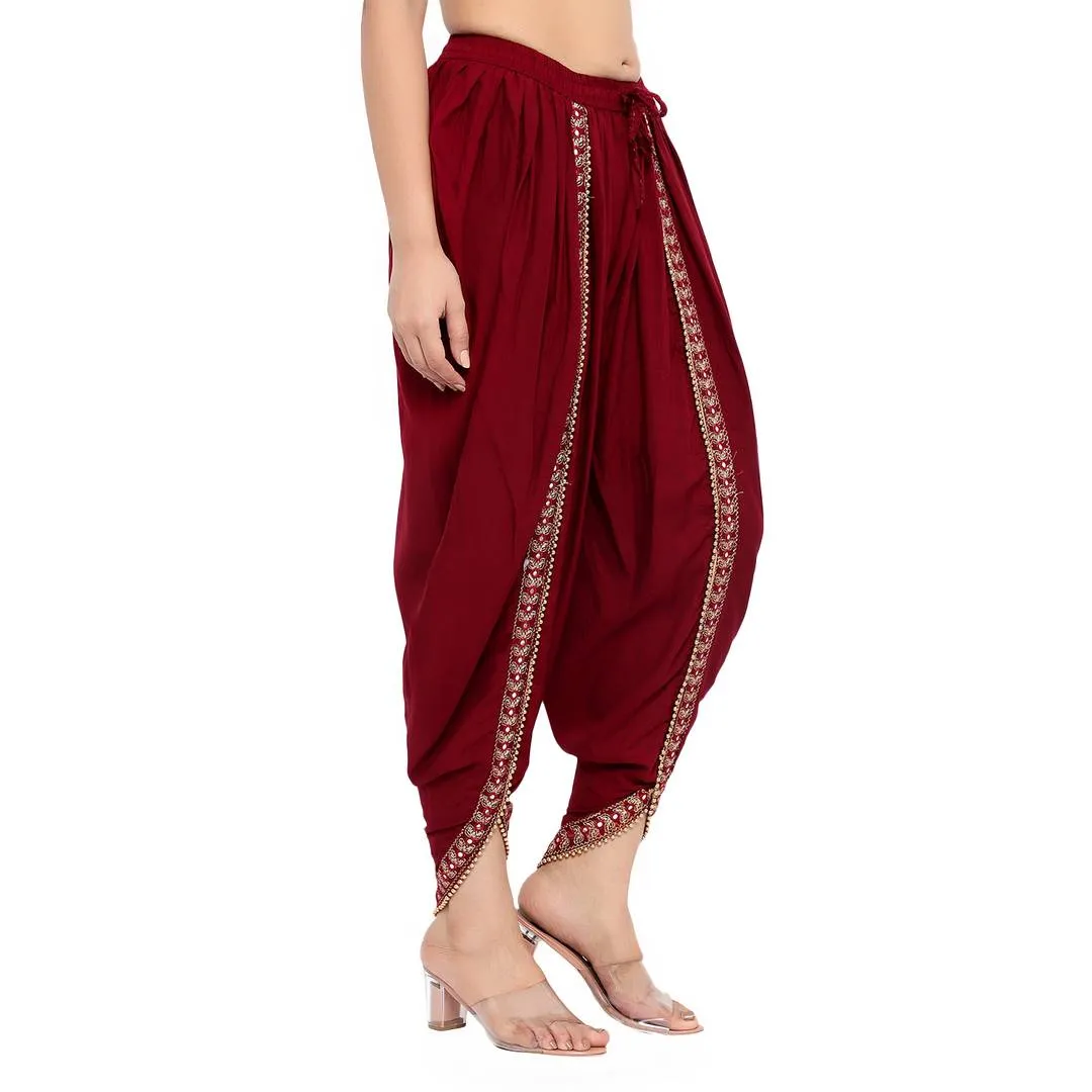 Elegant Maroon Rayon Embroidered Dhoti Salwar For Women