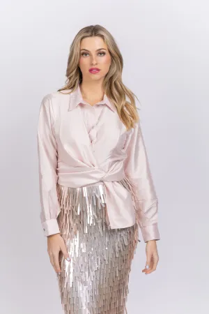 Emily Shalant Taffeta Asymmetrical Wrap Shirt with Rhinestone Buttons