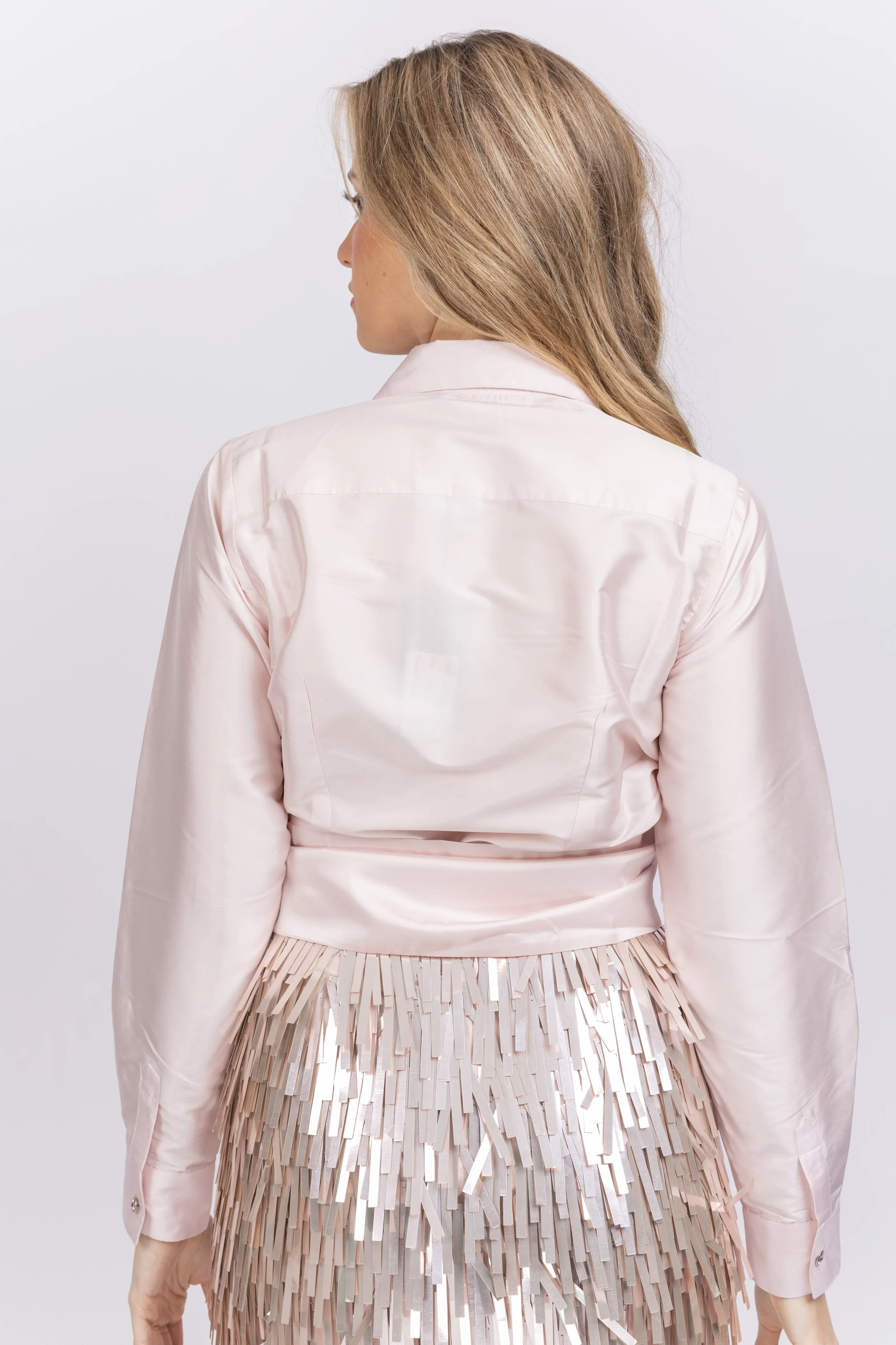 Emily Shalant Taffeta Asymmetrical Wrap Shirt with Rhinestone Buttons