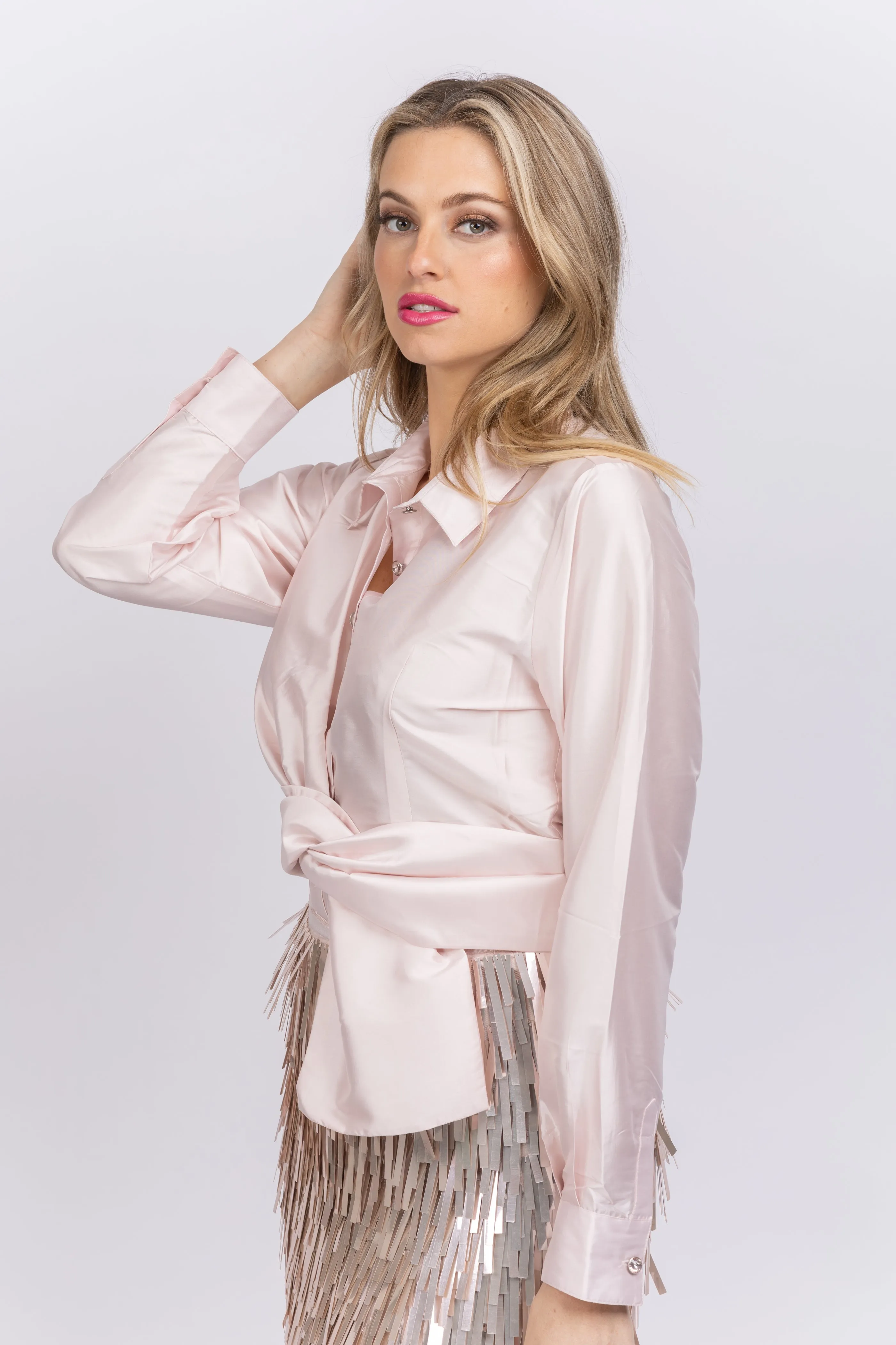Emily Shalant Taffeta Asymmetrical Wrap Shirt with Rhinestone Buttons