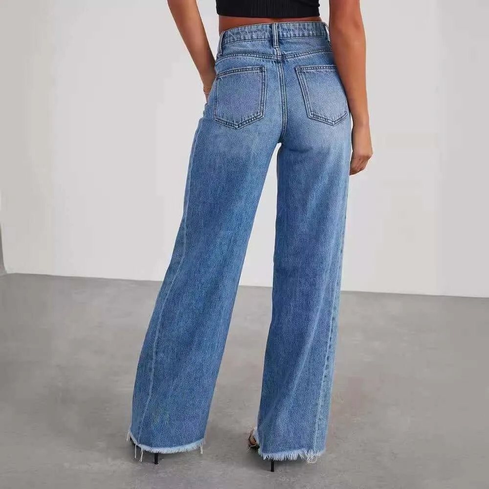 Glow Chic's Loose Wide-Leg Frayed Hem Jeans with Side Seam Stitching