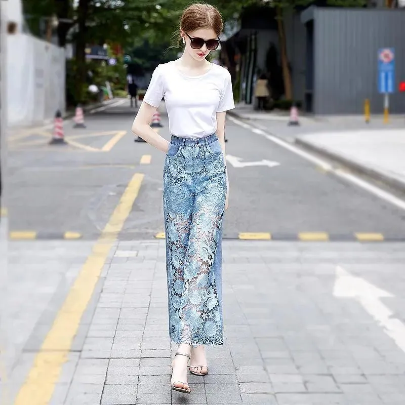 High-Waist Fashion Flare Wide-Leg Pants women's Hollow Panel Lace Stitching Denim Pants Loose Straight-Leg Jeans Trousers