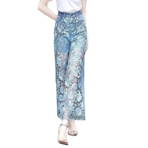 High-Waist Fashion Flare Wide-Leg Pants women's Hollow Panel Lace Stitching Denim Pants Loose Straight-Leg Jeans Trousers