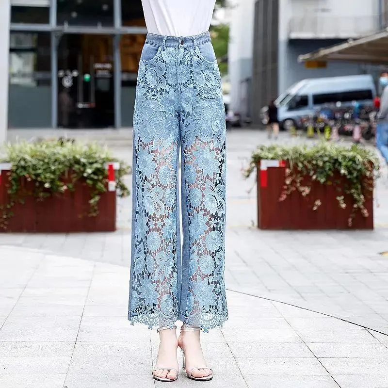 High-Waist Fashion Flare Wide-Leg Pants women's Hollow Panel Lace Stitching Denim Pants Loose Straight-Leg Jeans Trousers