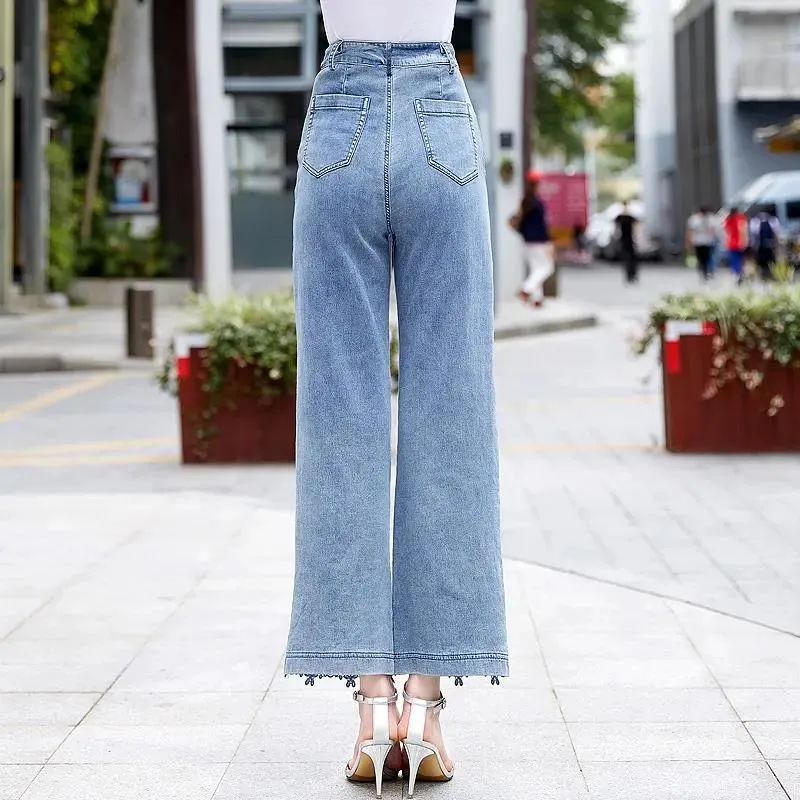 High-Waist Fashion Flare Wide-Leg Pants women's Hollow Panel Lace Stitching Denim Pants Loose Straight-Leg Jeans Trousers