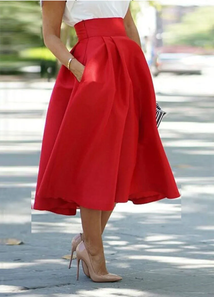 High Waist Pleated Solid Long Skirts