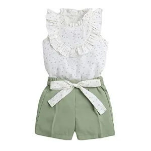 Hopscotch Girls Polyester Floral Print Blouse And Shorts Set In Green Color For Ages 8-9 Years (ADX-3086933)