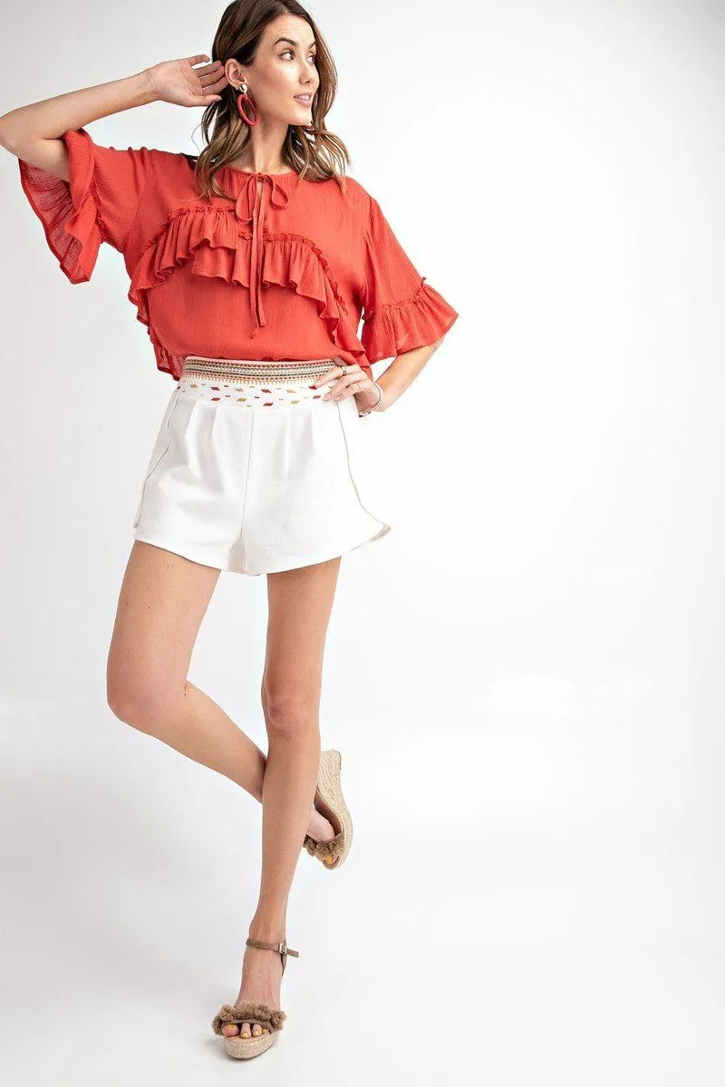 Hot Girl Embroidered Waist High Rise Cotton Shorts In Ivory