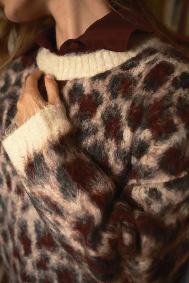 Leopard Print Emerald Green Sweater  Crew Neck, Drop Shoulder, Fuzzy Texture, Relaxed Fit Knit