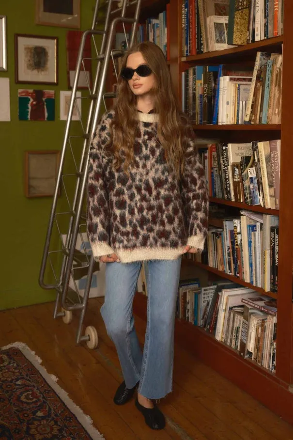 Leopard Print Emerald Green Sweater  Crew Neck, Drop Shoulder, Fuzzy Texture, Relaxed Fit Knit