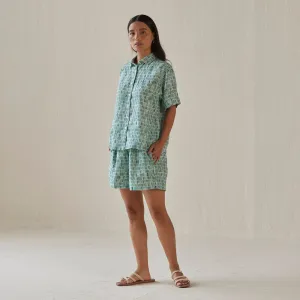 Linen Shorts For Women | Elasticated Waist | Watercolour Print | Teal