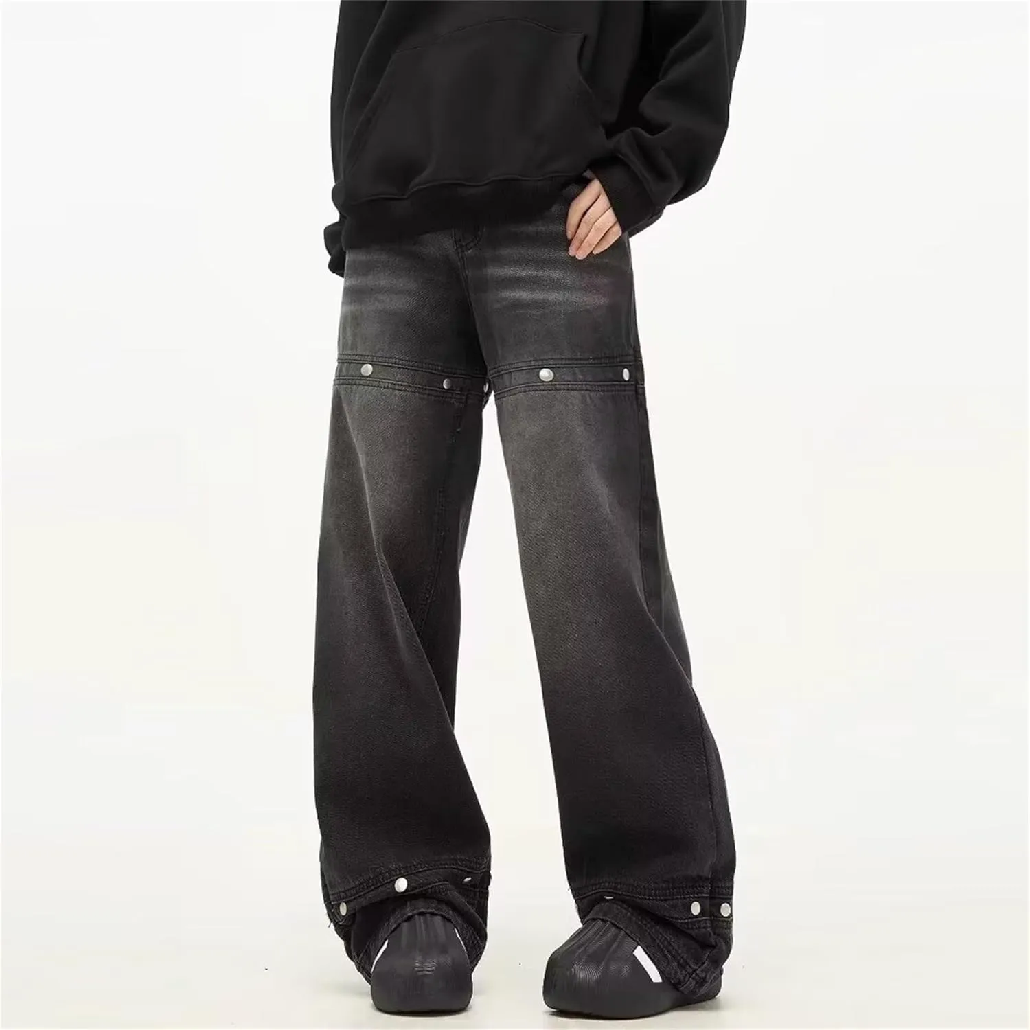 Men's Rivet Loose Work Pants Straight Slim Fit Casual Jeans Comfortable Stretch Elastic Waistband Pockets