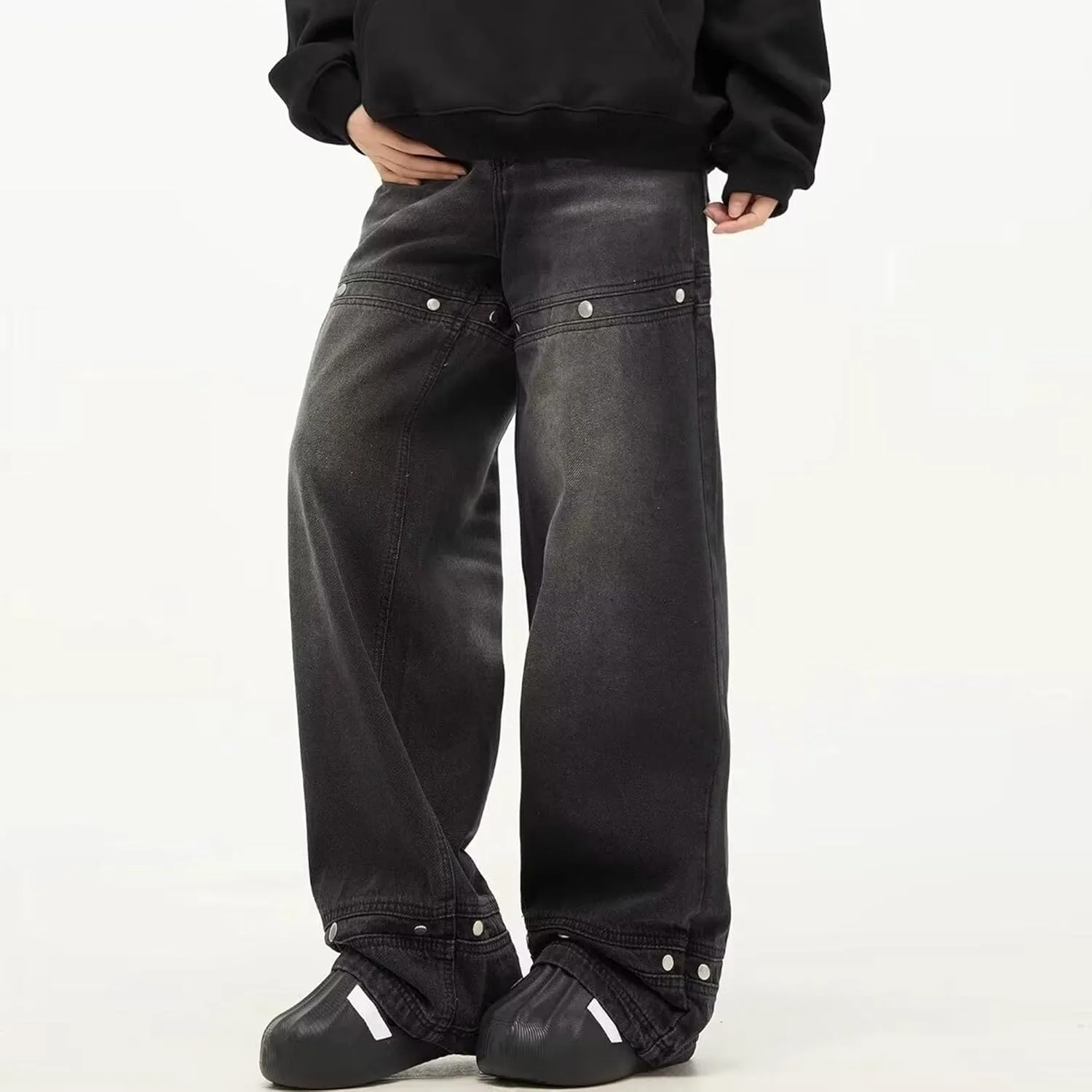 Men's Rivet Loose Work Pants Straight Slim Fit Casual Jeans Comfortable Stretch Elastic Waistband Pockets