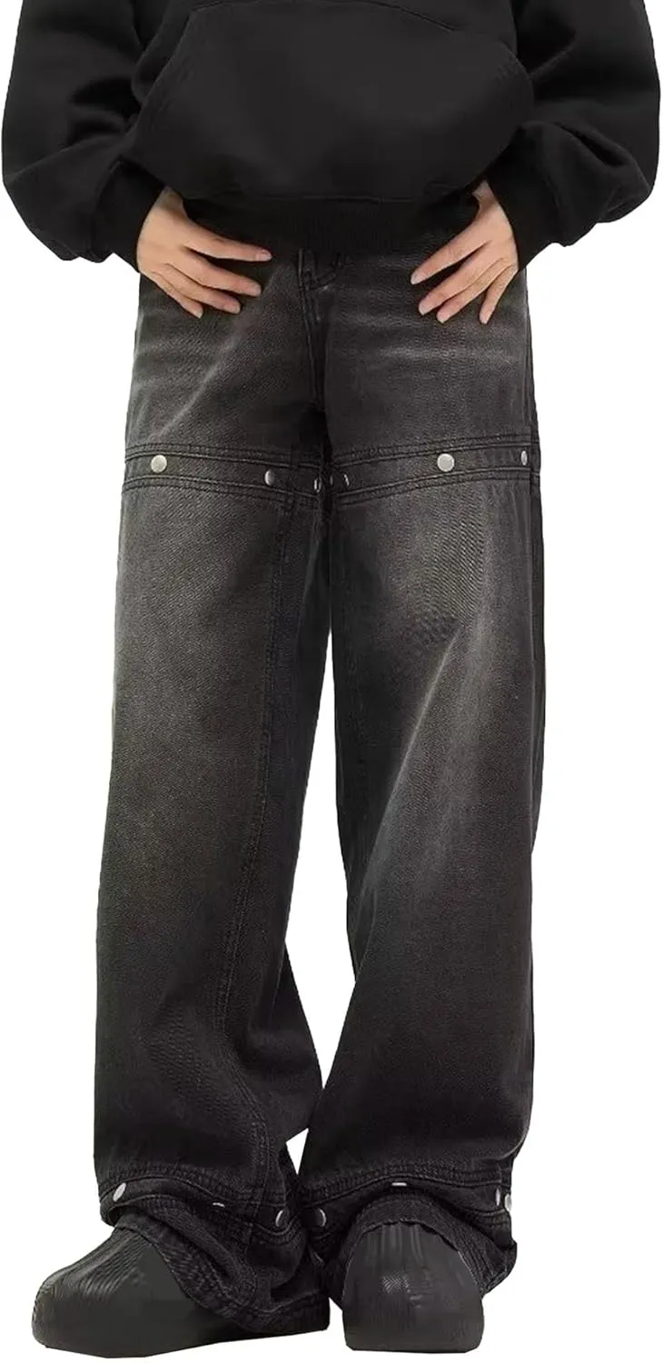 Men's Rivet Loose Work Pants Straight Slim Fit Casual Jeans Comfortable Stretch Elastic Waistband Pockets
